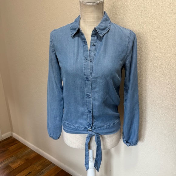 LC Loren Conrad Denim Look Front Tie Collard Shirt - Size XS - Picture 1 of 16